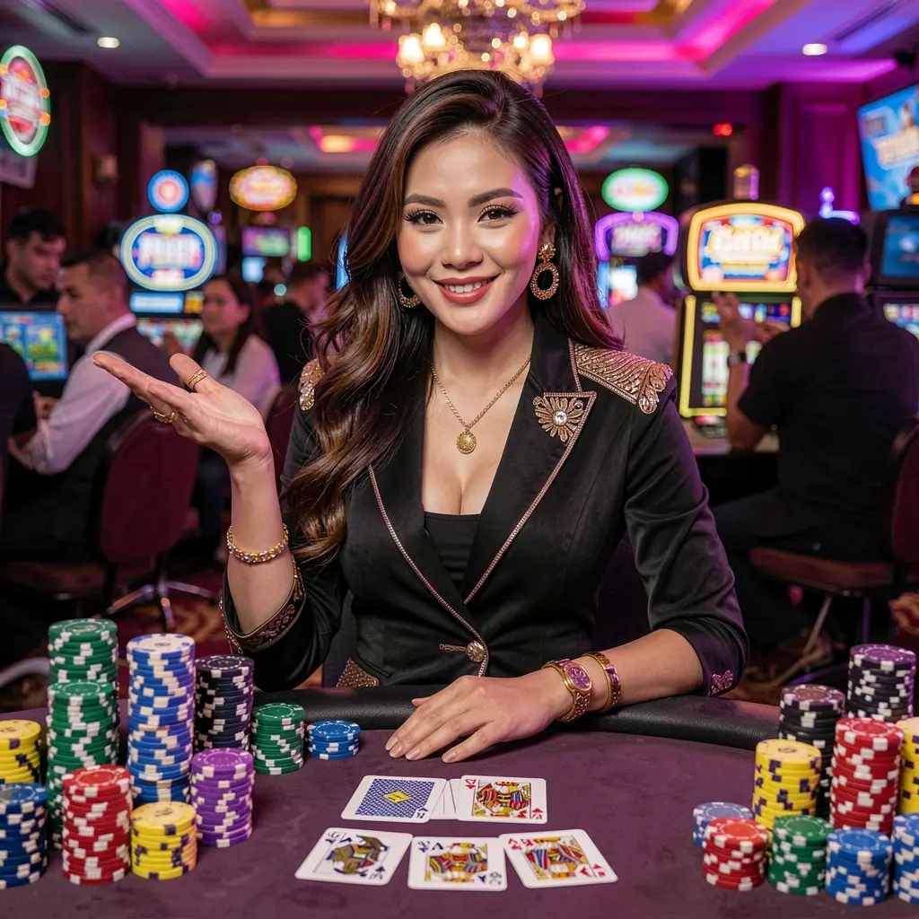 G488 – Discover premium live casino entertainment made for Filipino players Confident casino dealer standing by a poker table with vibrant chips and lights representing the premium G488 live casino experience for players in the Philippines